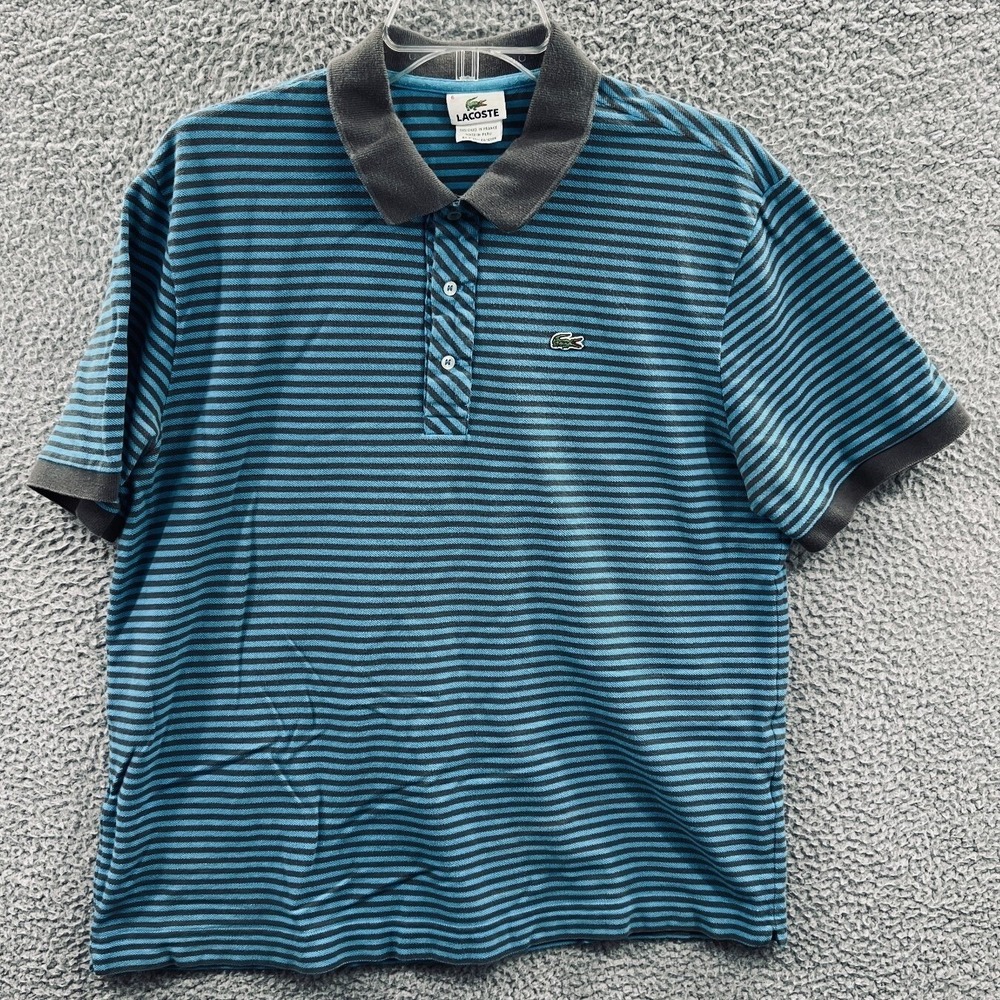 Lacoste Men Polo Shirt XL Blue Stripe Pique Cotton Preppy Golf Heritage Classic